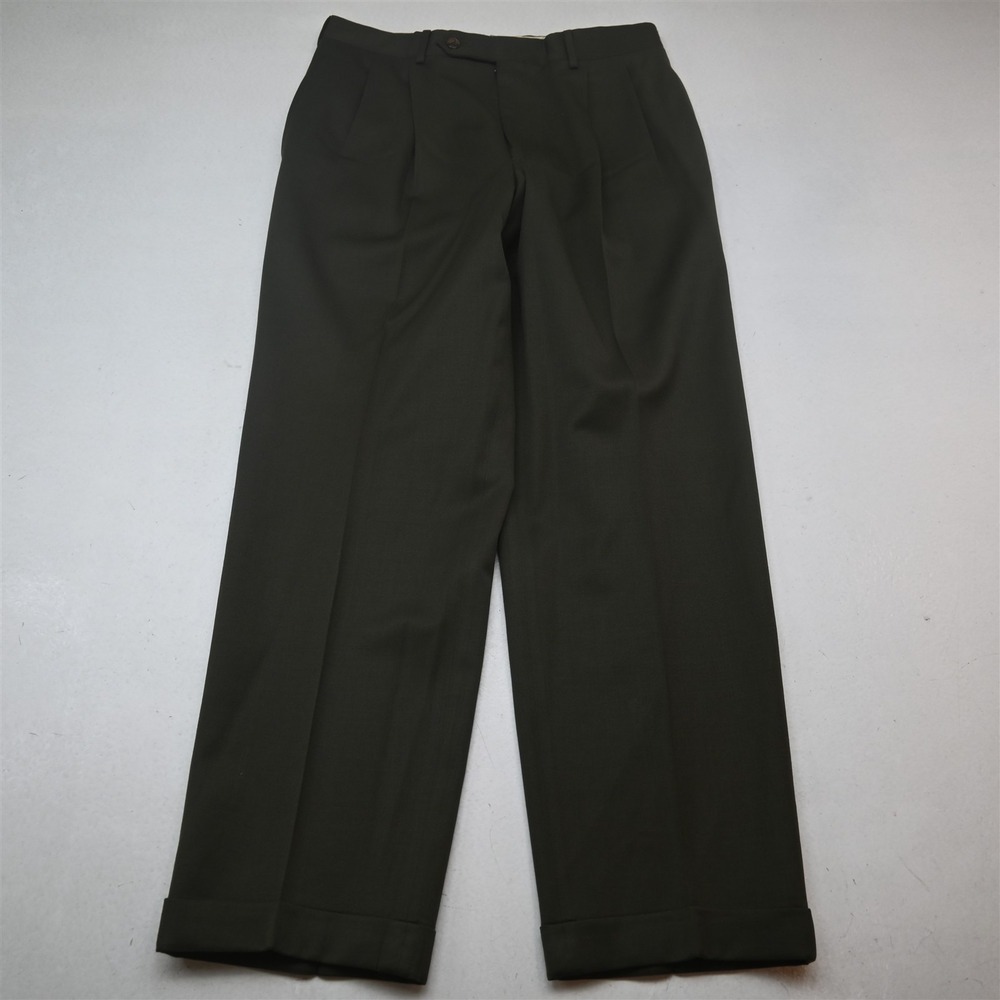 Vtg USA Made Corbin 30x30 Olive Green Wool Pleated Cuffed Full Cut Dress Pants